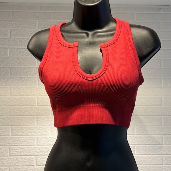 Red Ribbed Cropped Tank Top, Sleeveless, Racerback Style, Casual Activewear - Picture 1 of 2